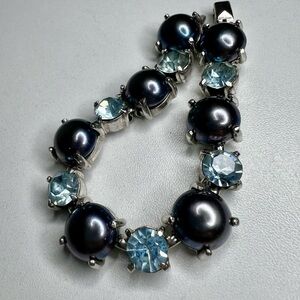 Vintage Light Blue Rhinestone & Faux Gray Pearl Silver Tone Bracelet 7"